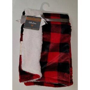 NWT Blankets & Beyond Baby Blanket Red Black Buffalo Plaid Lovey White Sherpa